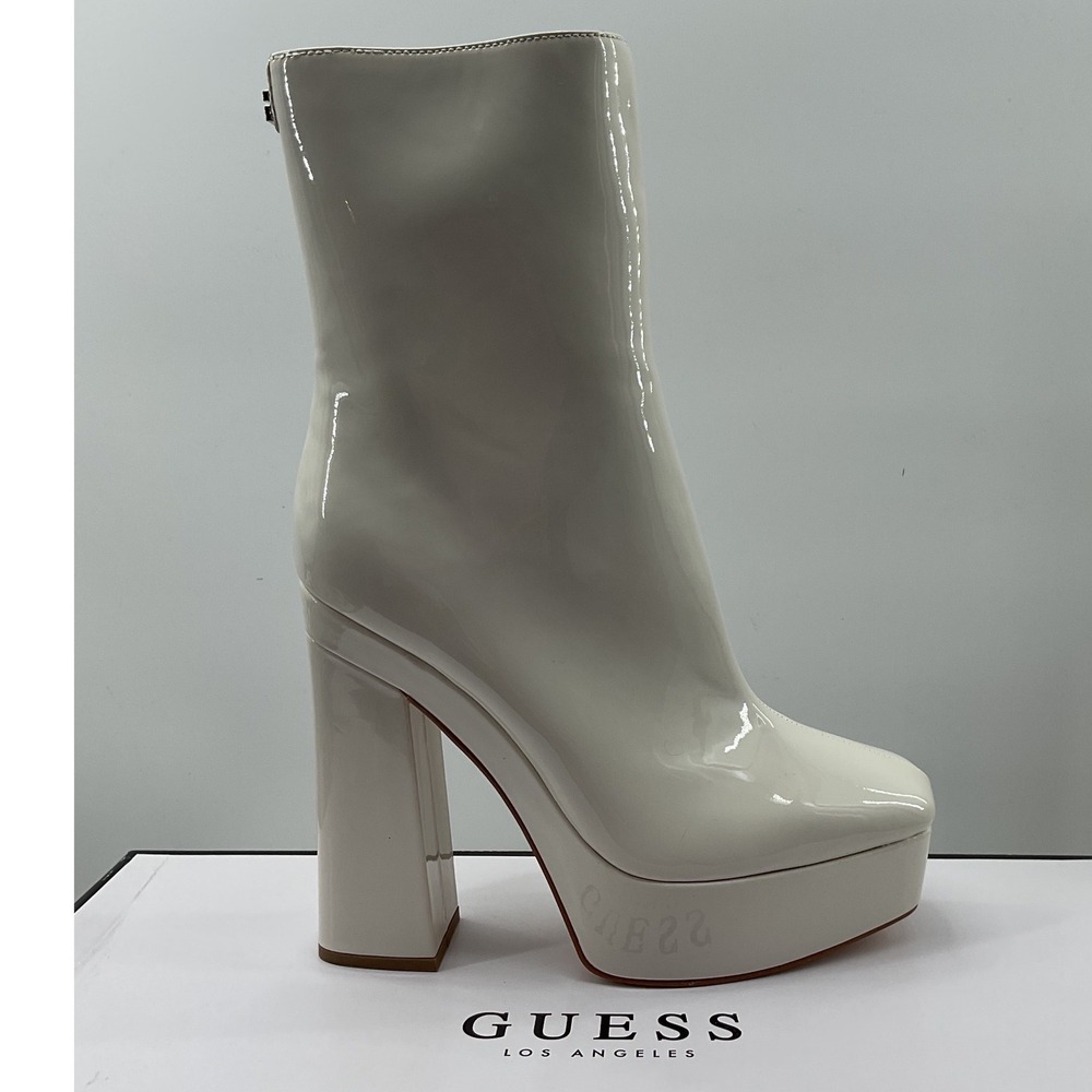 Guess Cream Patent Platform Ankle Boots Square Toe High Block Heel Size 10